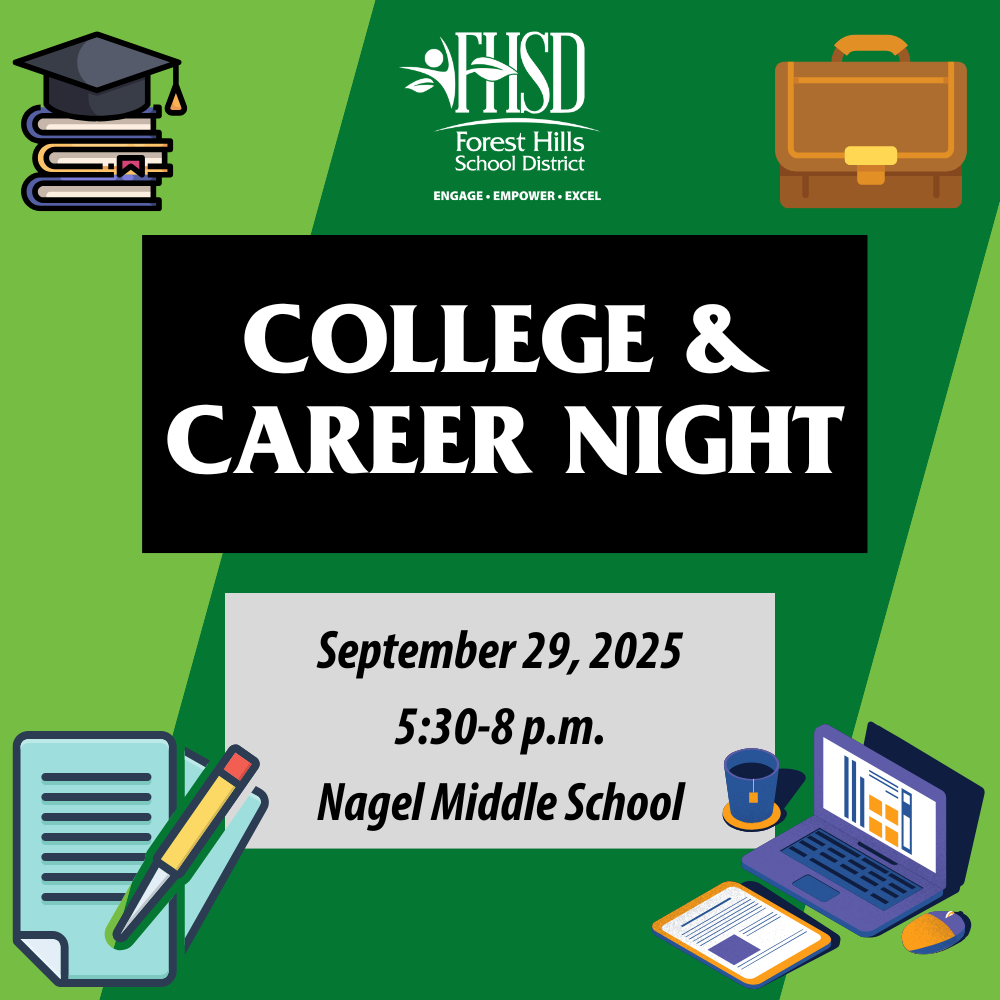 college and career night graphic with diploma, briefcase, laptop, paperwork and "September 29, 2025, 5:30-8 p.m., Nagel Middle School"